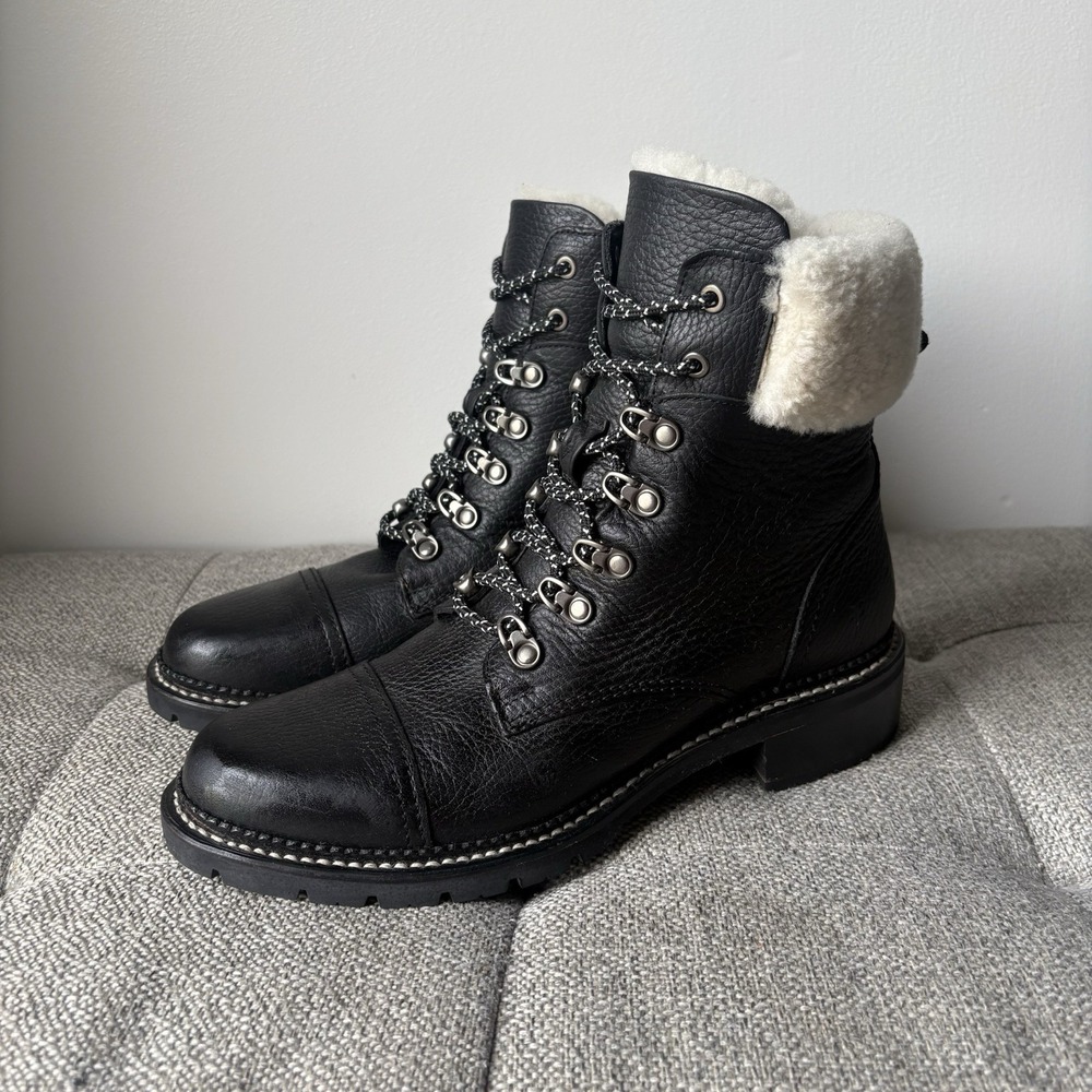 FRYE Women's‎  Samantha Hiker Black Leather  lace-up Combat Fur boot size 9 New